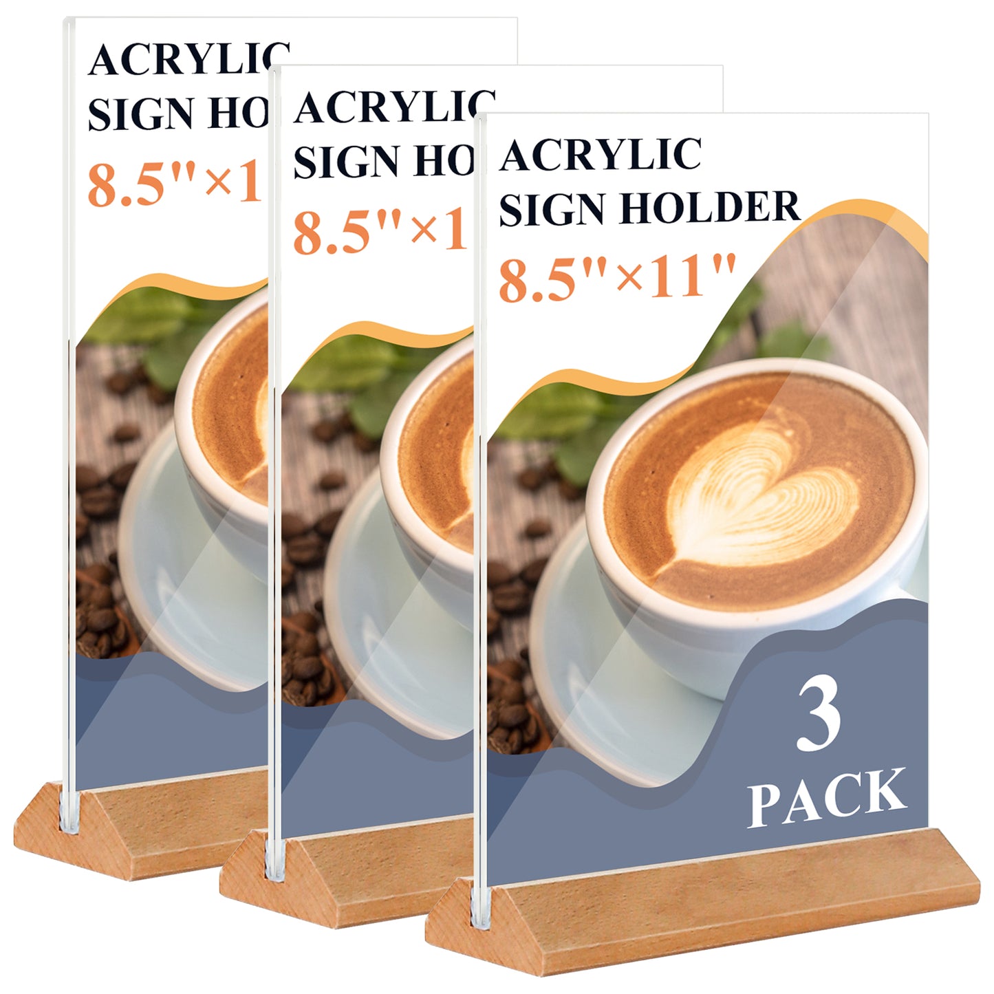 Acrylic Sign Holder 8.5 x 11 Clear Table Signs Stand with Wood Base, Double Sided Menu Display 3 Pack