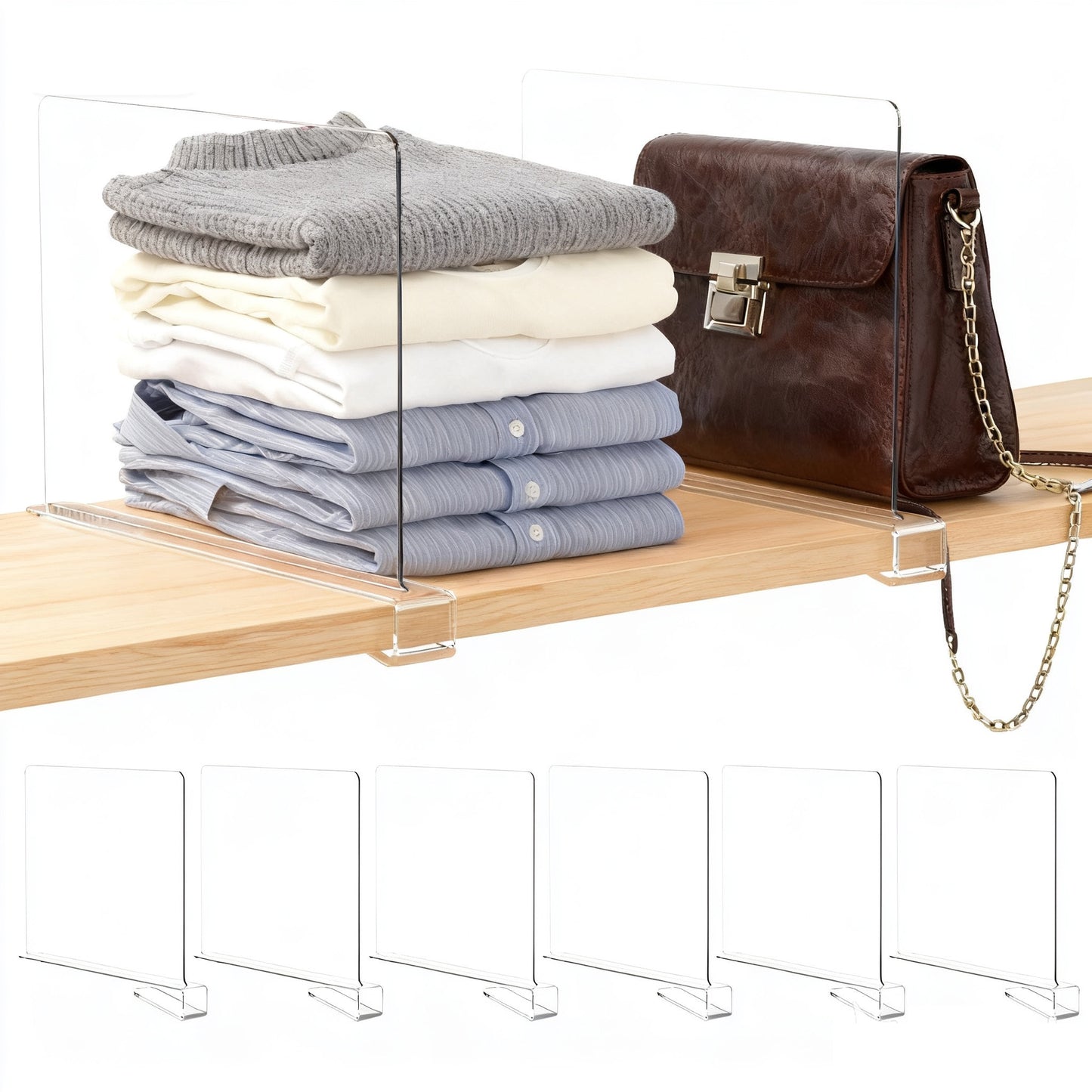 6 Pack Clear Acrylic Shelf Dividers for Closet Organization, Vertical Purse and Sweater Organizer for Bedroom, Kitchen & Cabinets, Sturdy Closet Storage Solution for Handbags and Clothes
