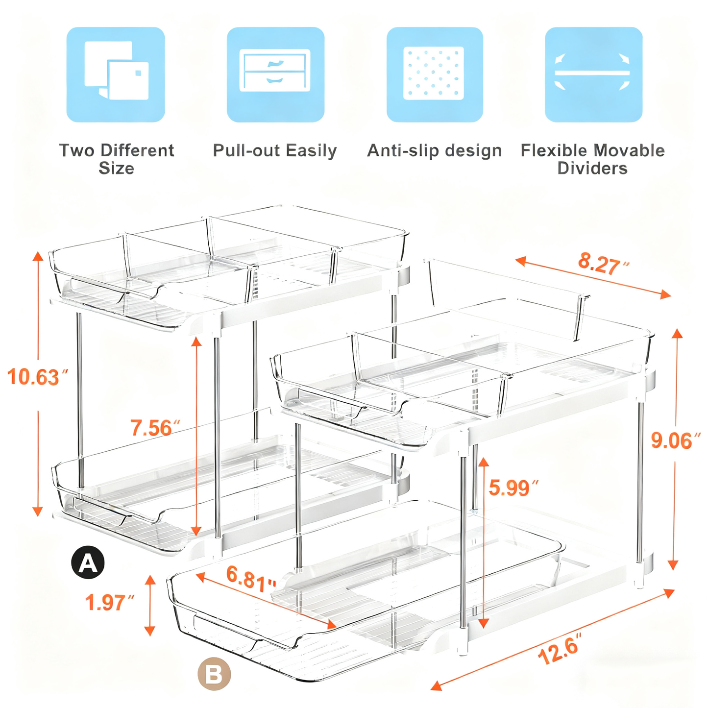 Acrylic Clear Stackable Countertop Organizer,2 Pack 2-Tier Multi-Purpose Cabinet & Vanity Storage Bin Set for Bathroom, Kitchen, Living Room & Office