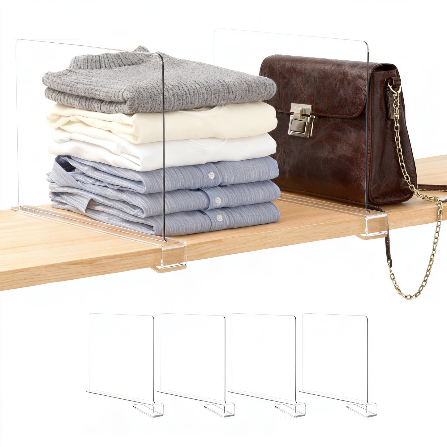 6 Pack Clear Acrylic Shelf Dividers for Closet Organization, Vertical Purse and Sweater Organizer for Bedroom, Kitchen & Cabinets, Sturdy Closet Storage Solution for Handbags and Clothes