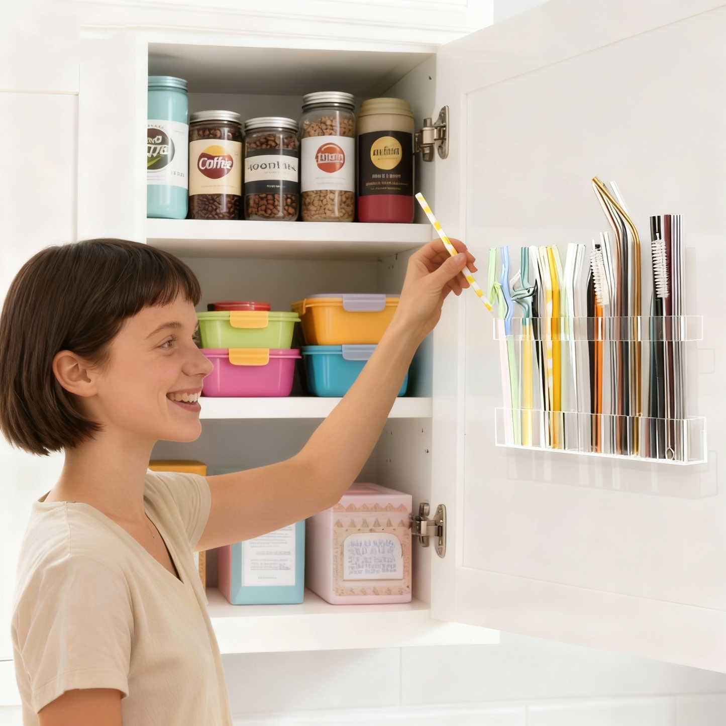 Acrylic Straw Holder for Countertop 9.5”,Clear Kitchen Organizer for Straws、Chopsticks、cutlery,Durable Plastic Dispenser for Home or Office,Small Kitchen Accessories Container, Ultra Sticky Cupboard Door Mounted