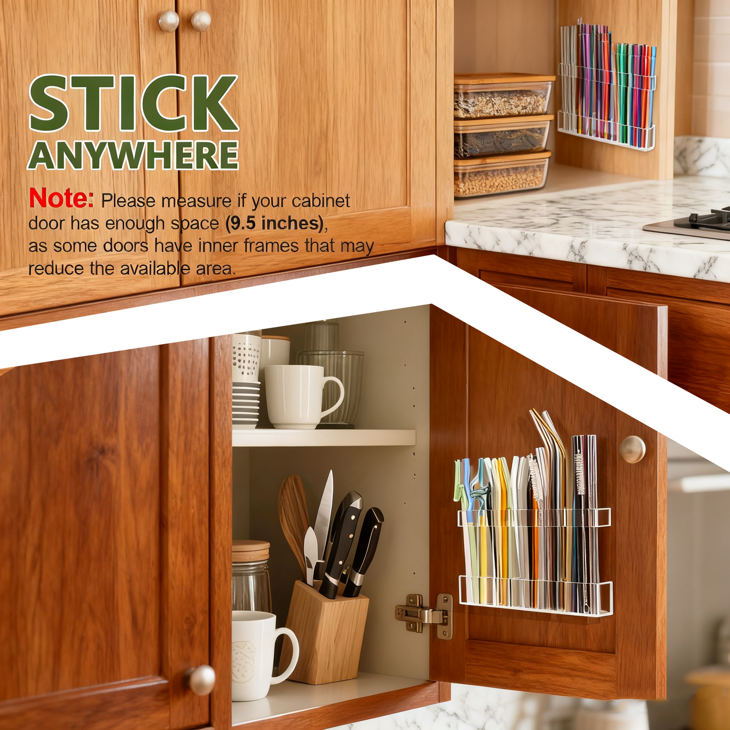 Acrylic Straw Holder for Countertop 9.5”,Clear Kitchen Organizer for Straws、Chopsticks、cutlery,Durable Plastic Dispenser for Home or Office,Small Kitchen Accessories Container, Ultra Sticky Cupboard Door Mounted