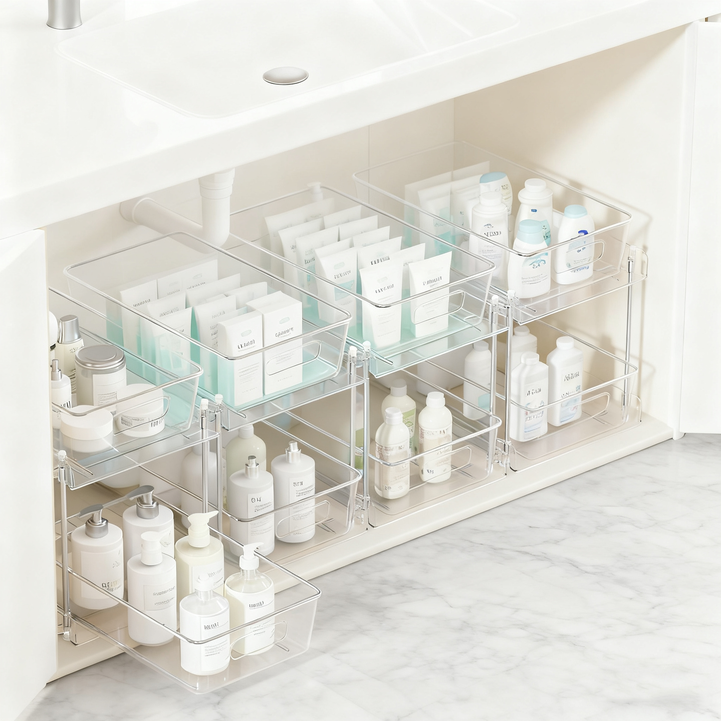 Acrylic Bathroom Organizer,4 Pack 2-Tier Clear Under Sink Organizers Vanity Countertop Storage Container,Cabinet Drawers Bins, Pull-Out Organization with Track for Pantry, Kitchen