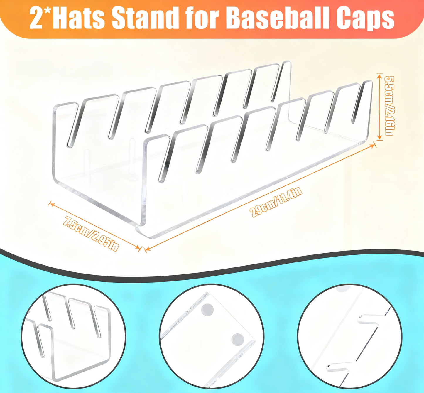 Clear Acrylic Hat Organiser for Baseball Caps 2 Pack,No Install Desktop Display Stand for 14 Caps,Transparent Cap Rack Holder for Closet, Dresser & Office