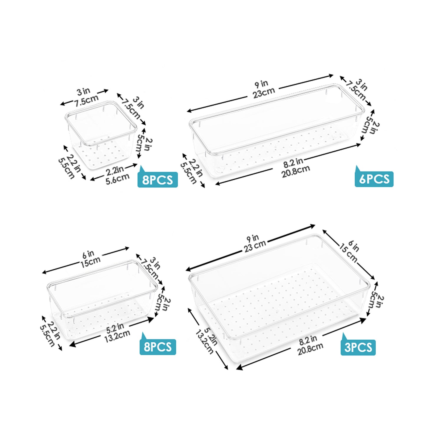 Acrylic Clear Versatile Drawer Organizer Set 25-Piece, 4-Size Transparent Trays for Makeup, Jewelry, Kitchen & Office Drawers Organizer Box,Non-Slip Silicone Pads Included