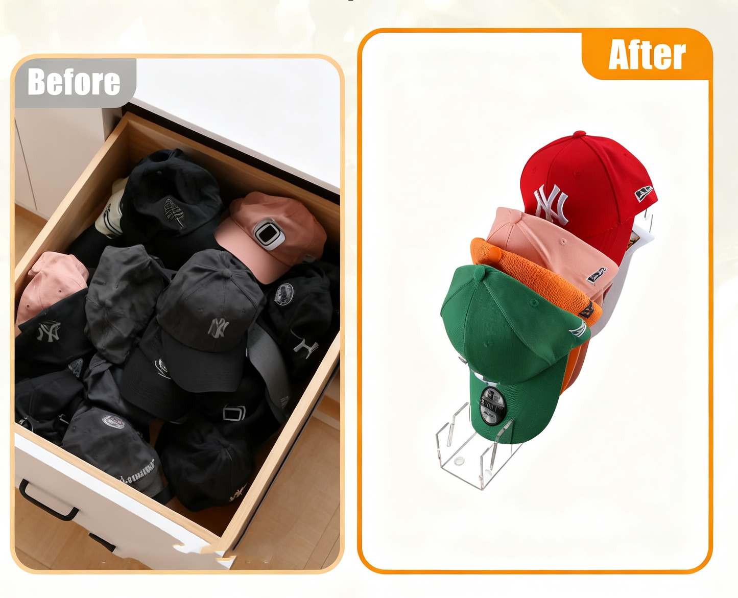 Clear Acrylic Hat Organiser for Baseball Caps 2 Pack,No Install Desktop Display Stand for 14 Caps,Transparent Cap Rack Holder for Closet, Dresser & Office