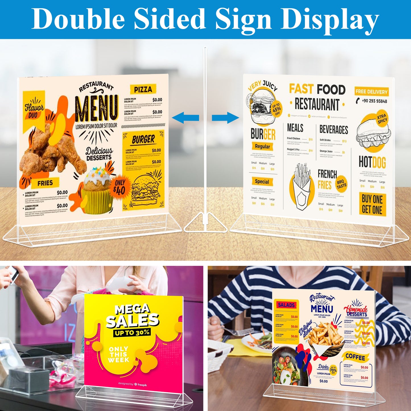 Horizontal Acrylic Sign Holder 11 x 8.5 - Double Sided T Shape Menu Table Stands, Plastic Paper Flyer Display Stand, Clear Picture Photo Frames for Wedding, Office, Store, Restaurant (6 Pack)