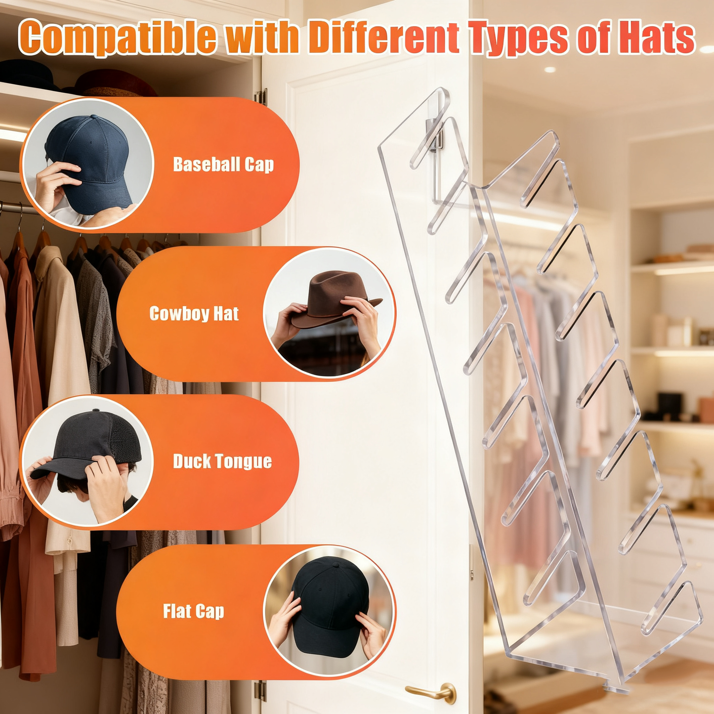 Clear Acrylic Hat Organiser for Baseball Caps 2 Pack,No Install Desktop Display Stand for 14 Caps,Transparent Cap Rack Holder for Closet, Dresser & Office