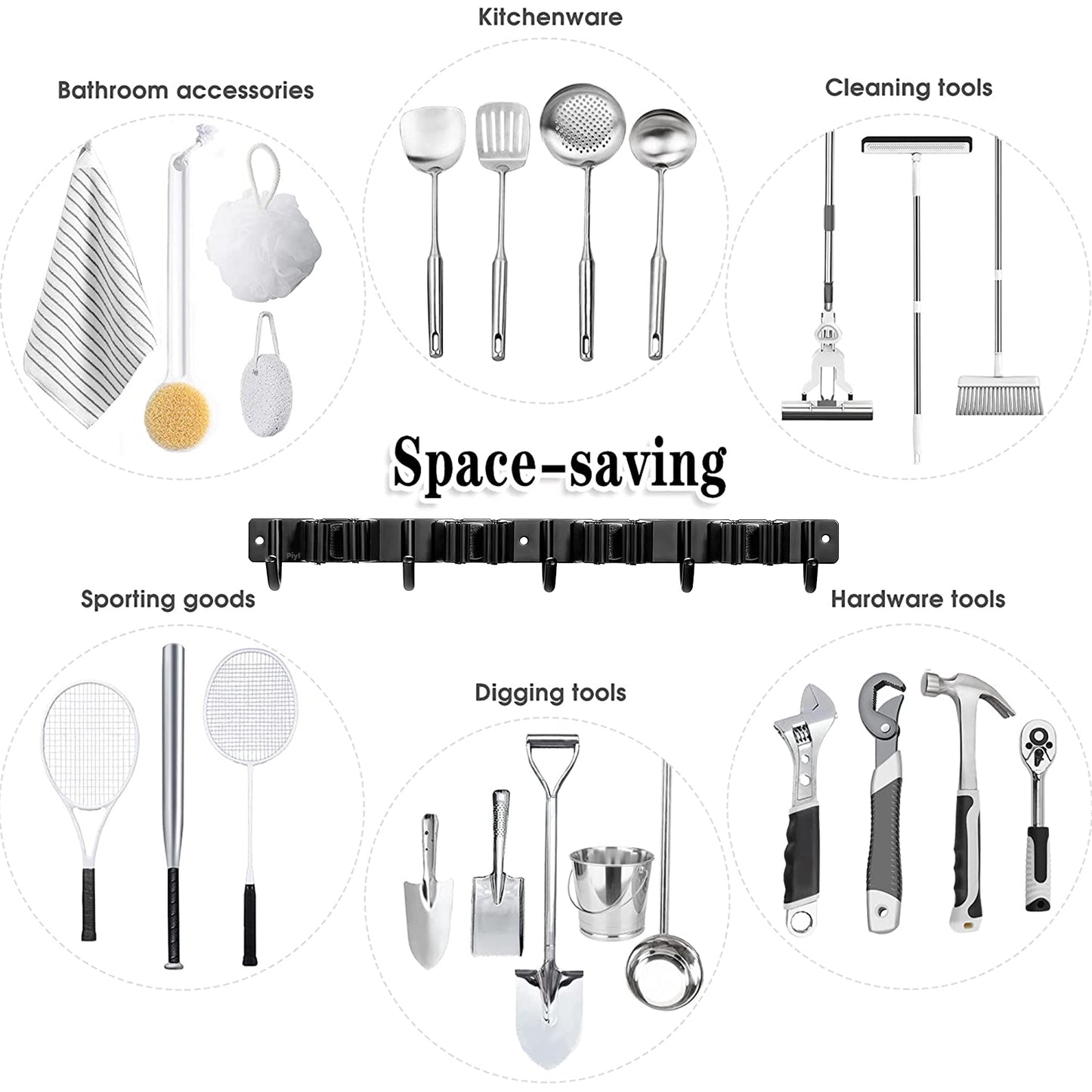 Broom and Mop Holder Wall Mounted Sliding Track 2 Hooks 3 Clips, Holds up to 10 Tools for Home Kitchen Garden Launrty Room