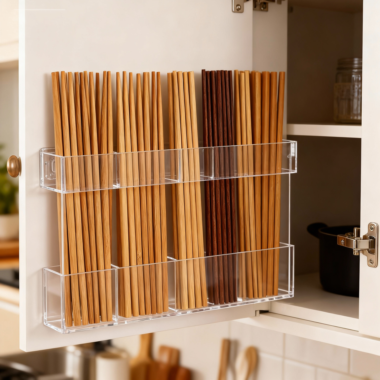 Acrylic Straw Holder for Countertop 9.5”,Clear Kitchen Organizer for Straws、Chopsticks、cutlery,Durable Plastic Dispenser for Home or Office,Small Kitchen Accessories Container, Ultra Sticky Cupboard Door Mounted