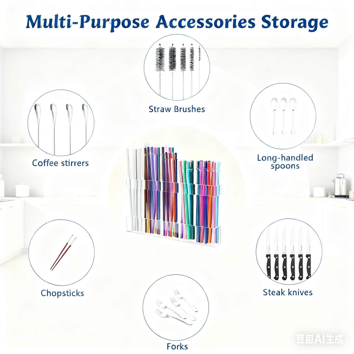 Acrylic Straw Holder for Countertop 9.5”,Clear Kitchen Organizer for Straws、Chopsticks、cutlery,Durable Plastic Dispenser for Home or Office,Small Kitchen Accessories Container, Ultra Sticky Cupboard Door Mounted