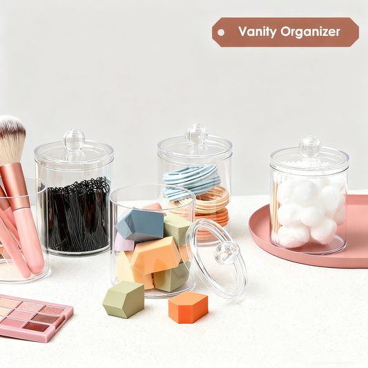 Acrylic Cotton Clear Round & Dispenser with Lid 4 Pack ,Large Transparent Makeup Vanity Organizer for Cotton Swabs, Pads & Floss Picks – Durable Plastic Bathroom Canister