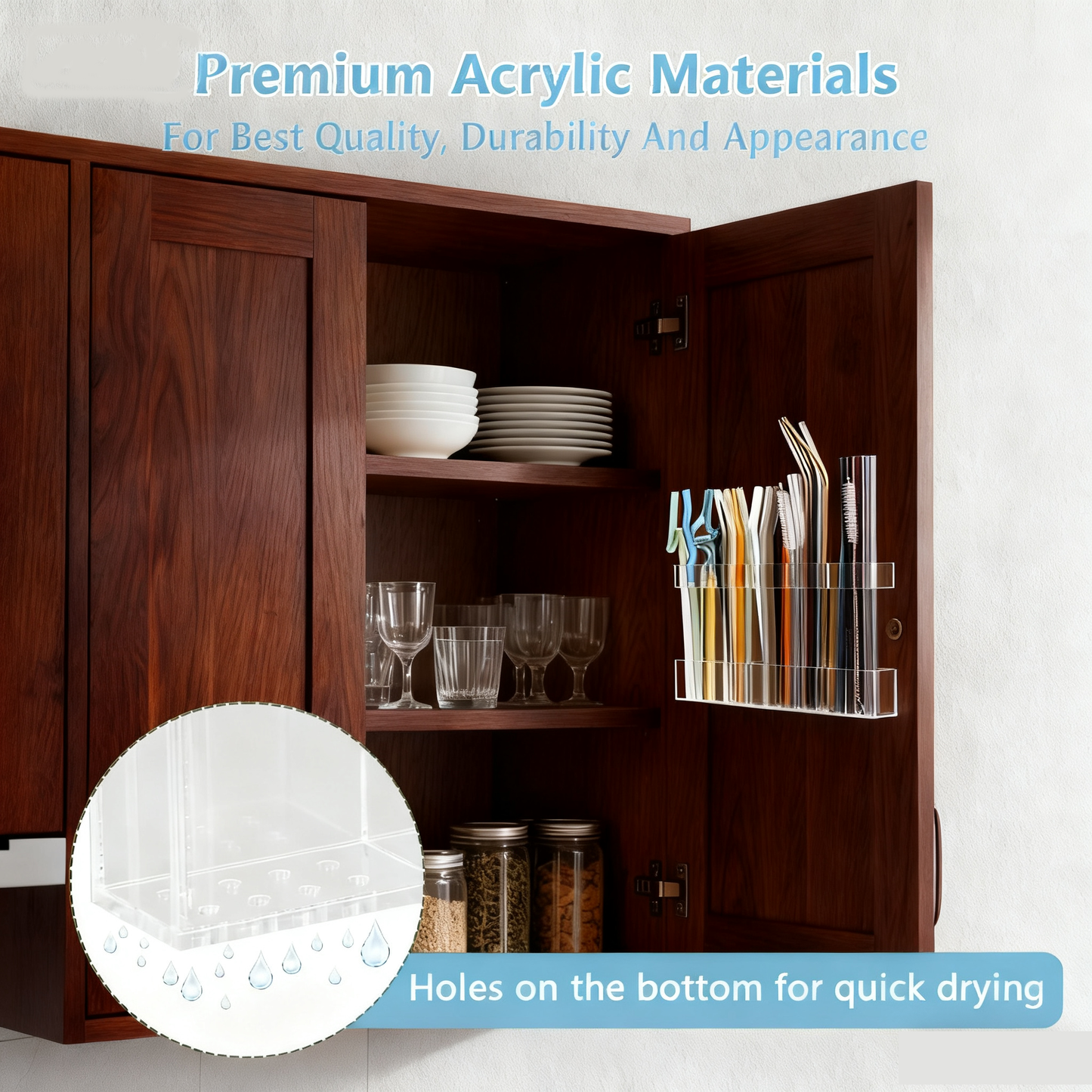 Acrylic Straw Holder for Countertop 9.5”,Clear Kitchen Organizer for Straws、Chopsticks、cutlery,Durable Plastic Dispenser for Home or Office,Small Kitchen Accessories Container, Ultra Sticky Cupboard Door Mounted