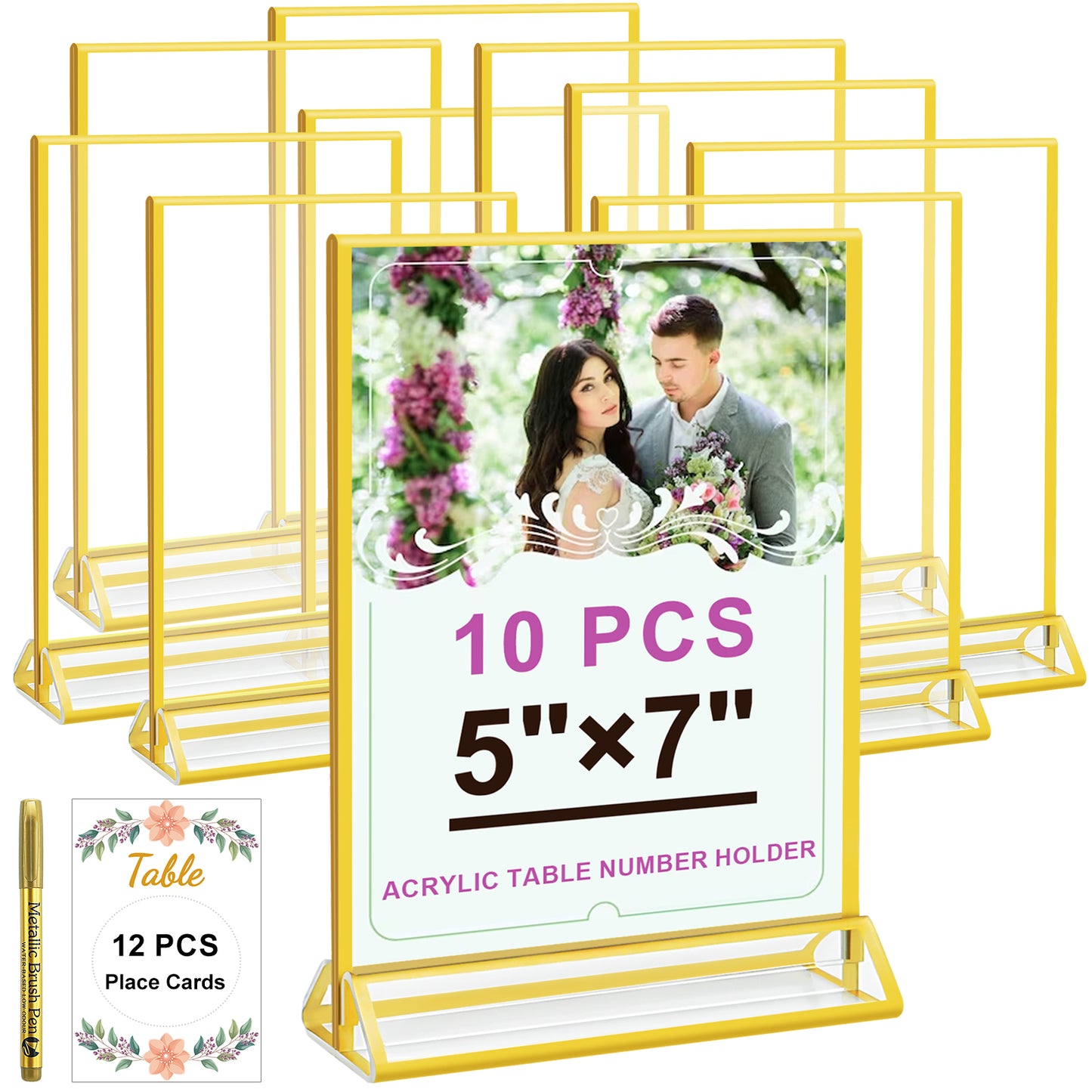 Acrylic Gold Sign Holder, 4 x 6 Gold Picture Frames Clear Double Sided Menu Holder for Wedding Table Number 10 Pack