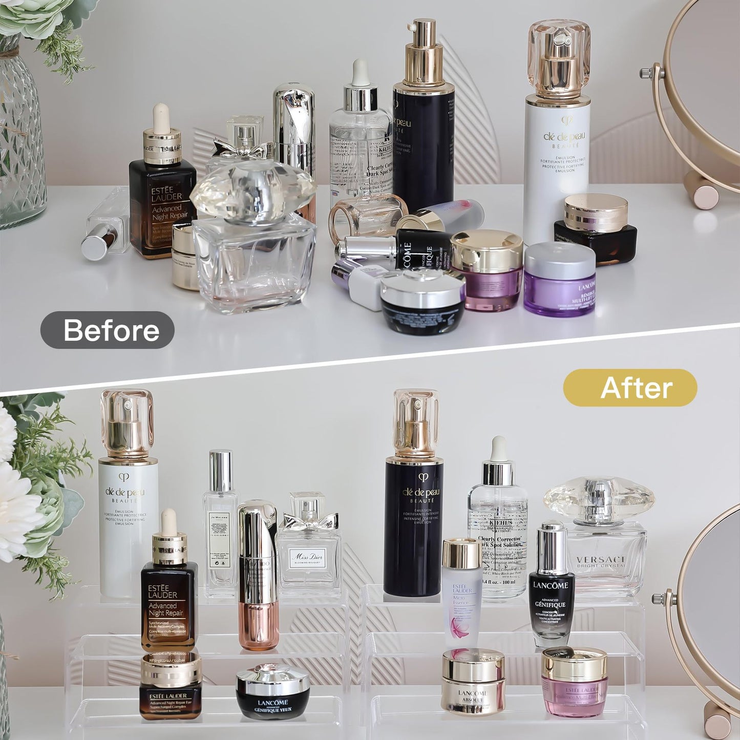 Comparison between messily placed cosmetics and those placed on display shelves
