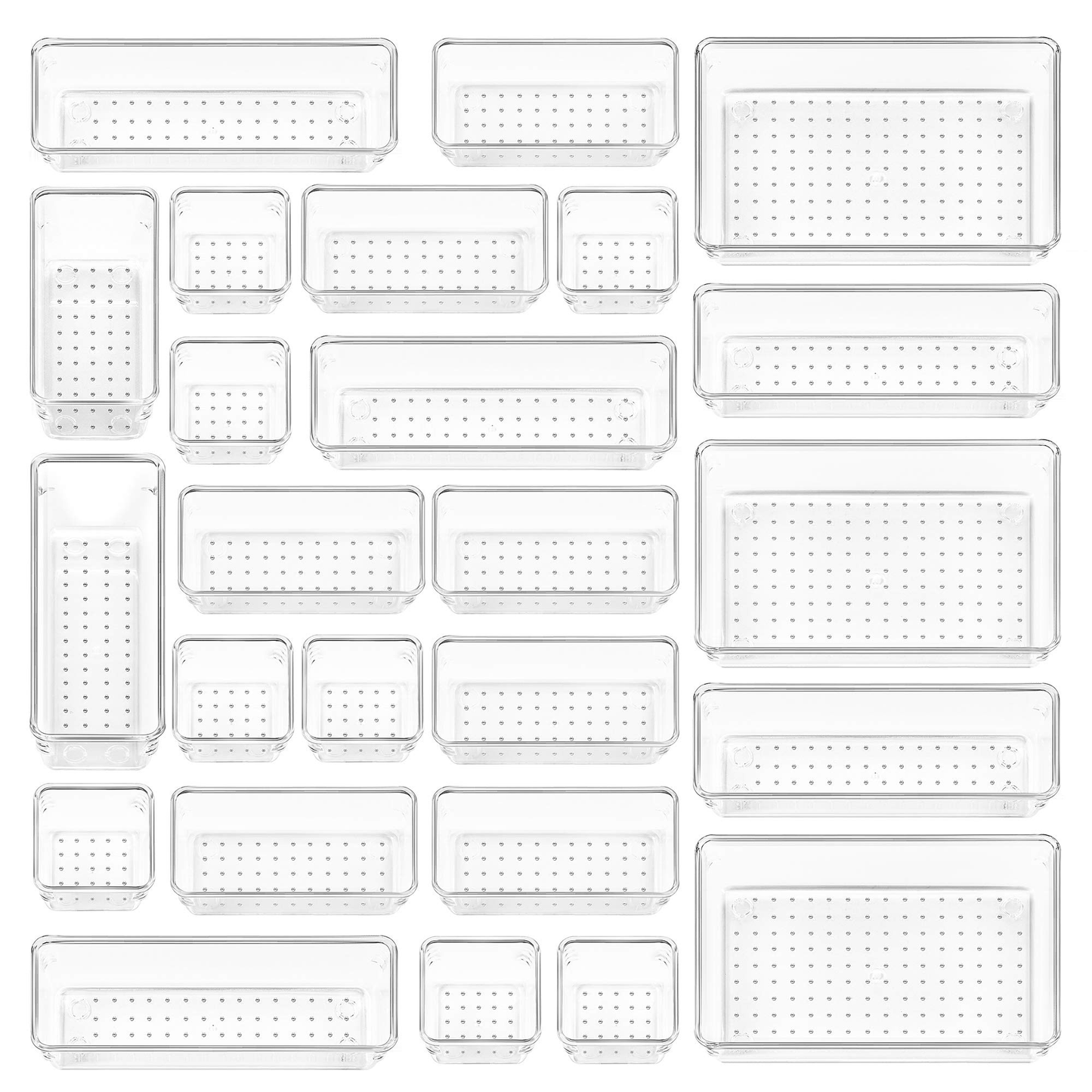 Acrylic Clear Versatile Drawer Organizer Set 25-Piece, 4-Size Transparent Trays for Makeup, Jewelry, Kitchen & Office Drawers Organizer Box,Non-Slip Silicone Pads Included
