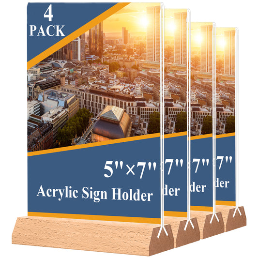 4 Pack Acrylic Sign Holder 5 x 7 Wooden Sign Holder Plastic Display Stand for Office Store