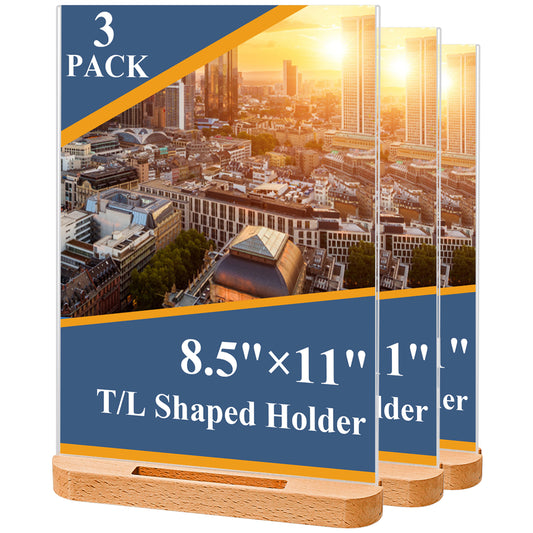Acrylic Sign Holder 8.5 x 11 3 Pack Wooden Sign Holder Plastic Display Stand Paper Holder Picture Photo Frames for Office Store