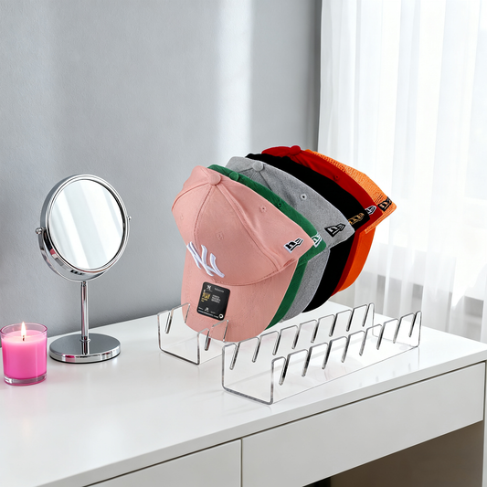 Clear Acrylic Hat Organiser for Baseball Caps 2 Pack，No Install Desktop Display Stand for 14 Caps，Transparent Cap Rack Holder for Closet, Dresser & Office