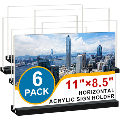 Acrylic Sign Holder 11 x 8.5 Inches Horizontal ,6 Pack T-Shaped Clear Double-Sided Plastic Table Picture Frames Display Holder,Document Menu Stands Desktop Holders for Restaurant Signs,Office, Store-Landscape