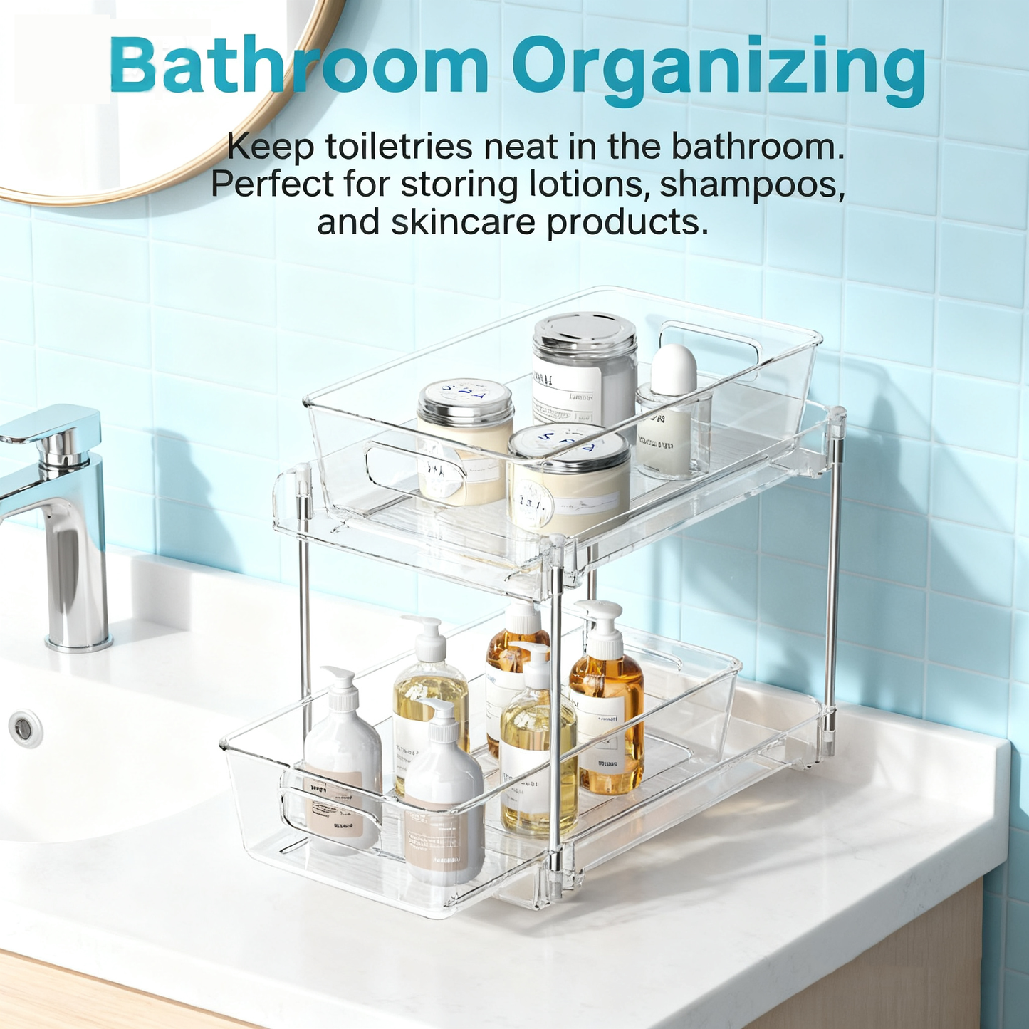 Acrylic Bathroom Organizer，4 Pack 2-Tier Clear Under Sink Organizers Vanity Countertop Storage Container,Cabinet Drawers Bins, Pull-Out Organization with Track for Pantry, Kitchen
