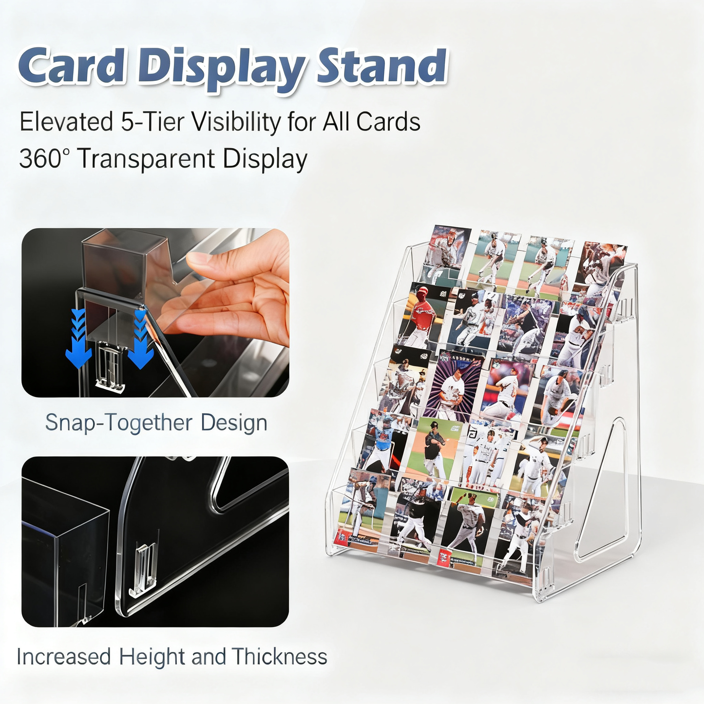Acrylic Card Display Stand 5 Tier, Clear Display for Greeting Cards, Sports Cards, Postcards, Stickers & Brochures, Easy Snap-On, Increased Height & Thickness for Better，Thick Stable Design with Quick Snap-On Assembly for Stores & Exhibitions