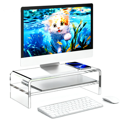 Acrylic Clear Monitor Stand Riser 2 Tier, 5.12" High Computer Shelf Organizer for Laptop, PC, Printer, and Media Storage Desk Organizer Shelf