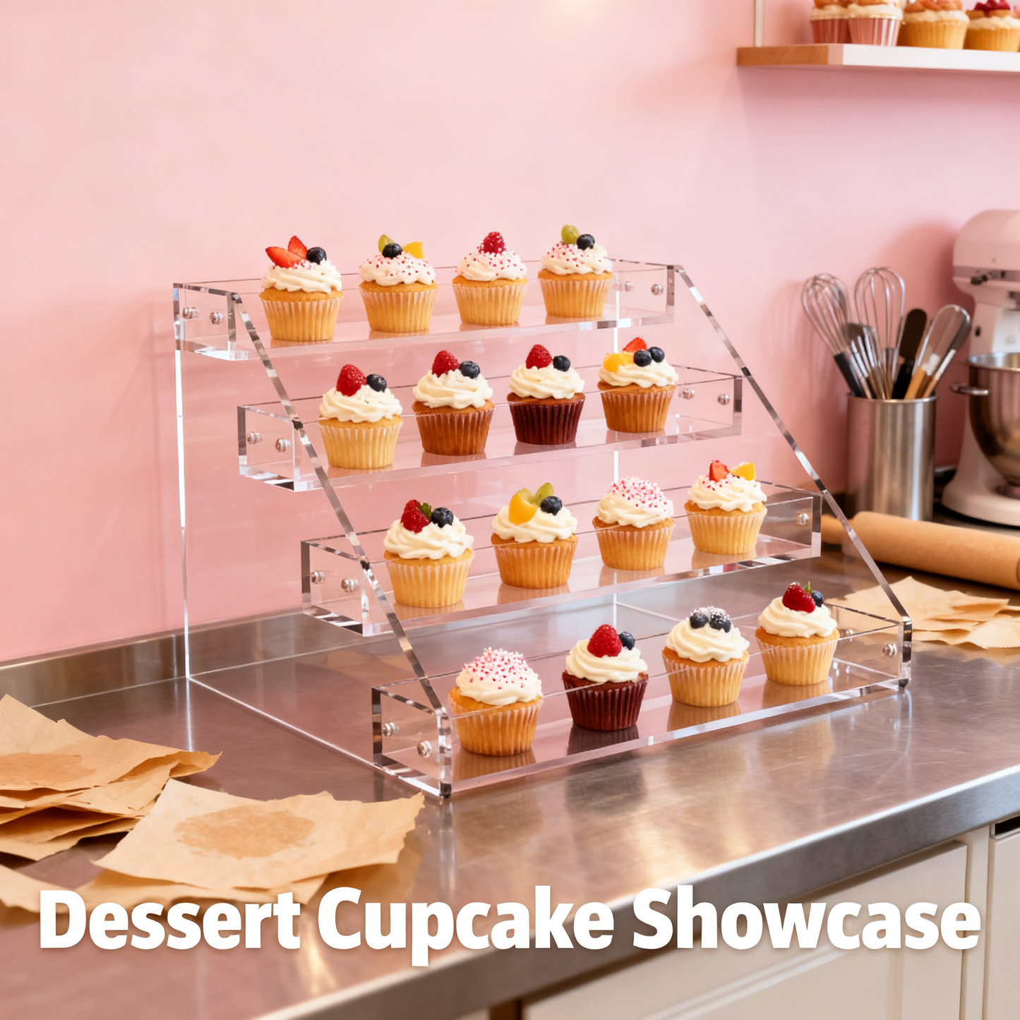 12" Acrylic Riser Display Stands - 4 Tier Clear Acrylic Display Shelf, Double Sided Usable, Makeup, Collectibles, Cupcakes & Dessert Table Decoration Acrylic Shelves for Funko Pop Figures , Cupcake, Candy Food