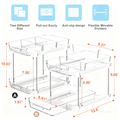 Acrylic Clear Stackable Countertop Organizer，2 Pack 2-Tier Multi-Purpose Cabinet & Vanity Storage Bin Set for Bathroom, Kitchen, Living Room & Office