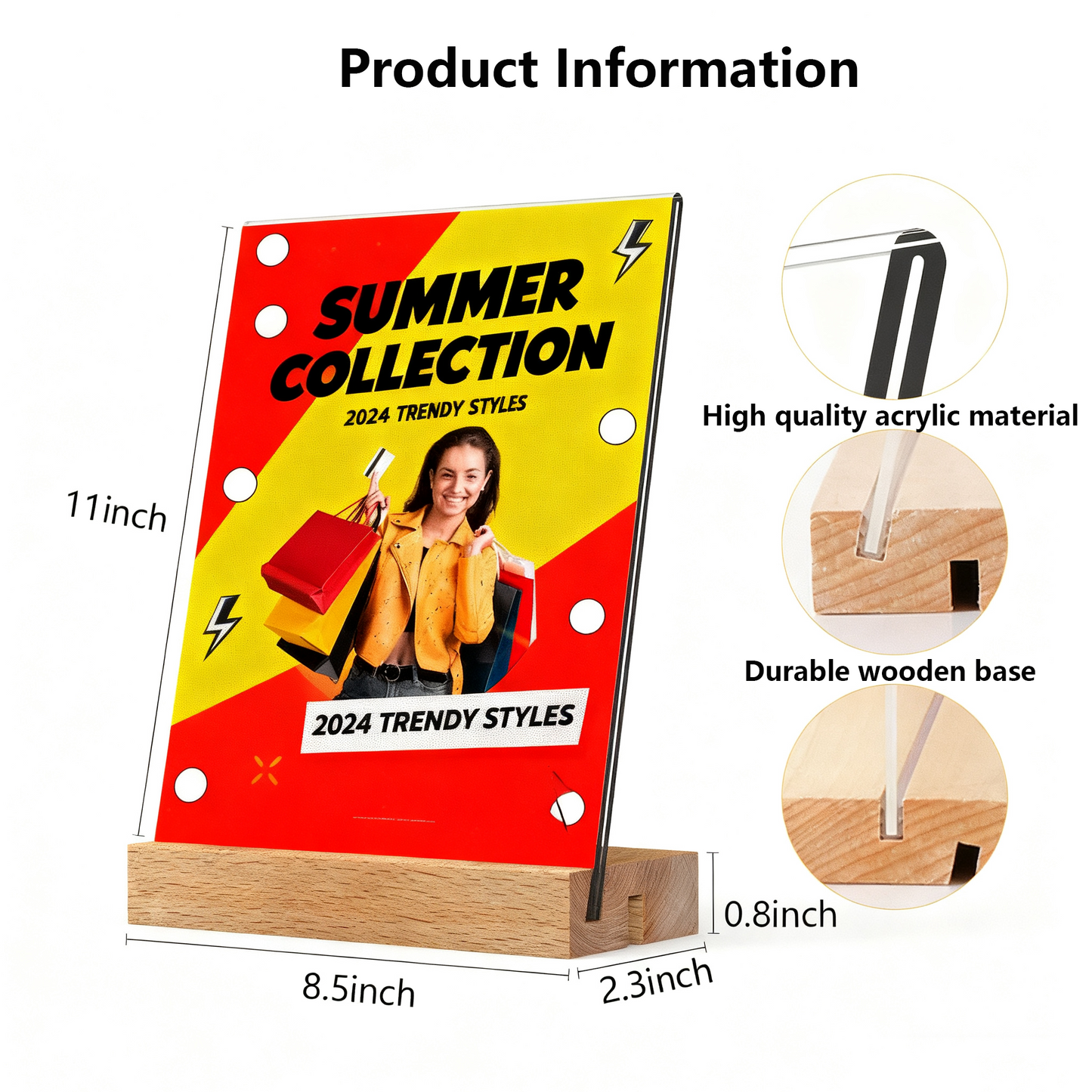 Acrylic Sign Holder with Wood Base 8.5 x 11”  3 Pack L/T Versatile Vertical/Slant Back Display Holder for Wedding, Restaurant Menu, Store, Office, Hote Counters