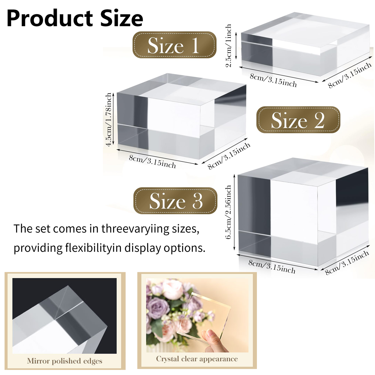 3 Size Acrylic Risers Stands Display Block Clear Crystal Polished Acrylic Cube Solid Display Pedestal Stand Square for Small Jewelry Perfume Photography Collection Food Doll Wedding Christmas