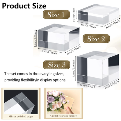 3 Size Acrylic Risers Stands Display Block Clear Crystal Polished Acrylic Cube Solid Display Pedestal Stand Square for Small Jewelry Perfume Photography Collection Food Doll Wedding Christmas