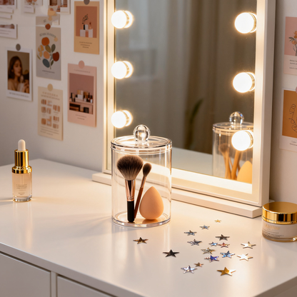 Acrylic Cotton Clear Round & Dispenser with Lid 4 Pack ，Large Transparent Makeup Vanity Organizer for Cotton Swabs, Pads & Floss Picks – Durable Plastic Bathroom Canister