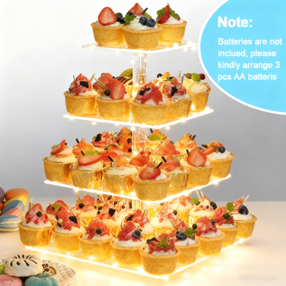 4 Tier Cupcake Acrylic Display Clear Stand Clearwith LED Light Premium Holder Dessert Tree Tower for Birthday ，Weddings, Parties Events，Afternoon Tea Gatherings ，Holiday Dessert Exhibition(Yellow Light)