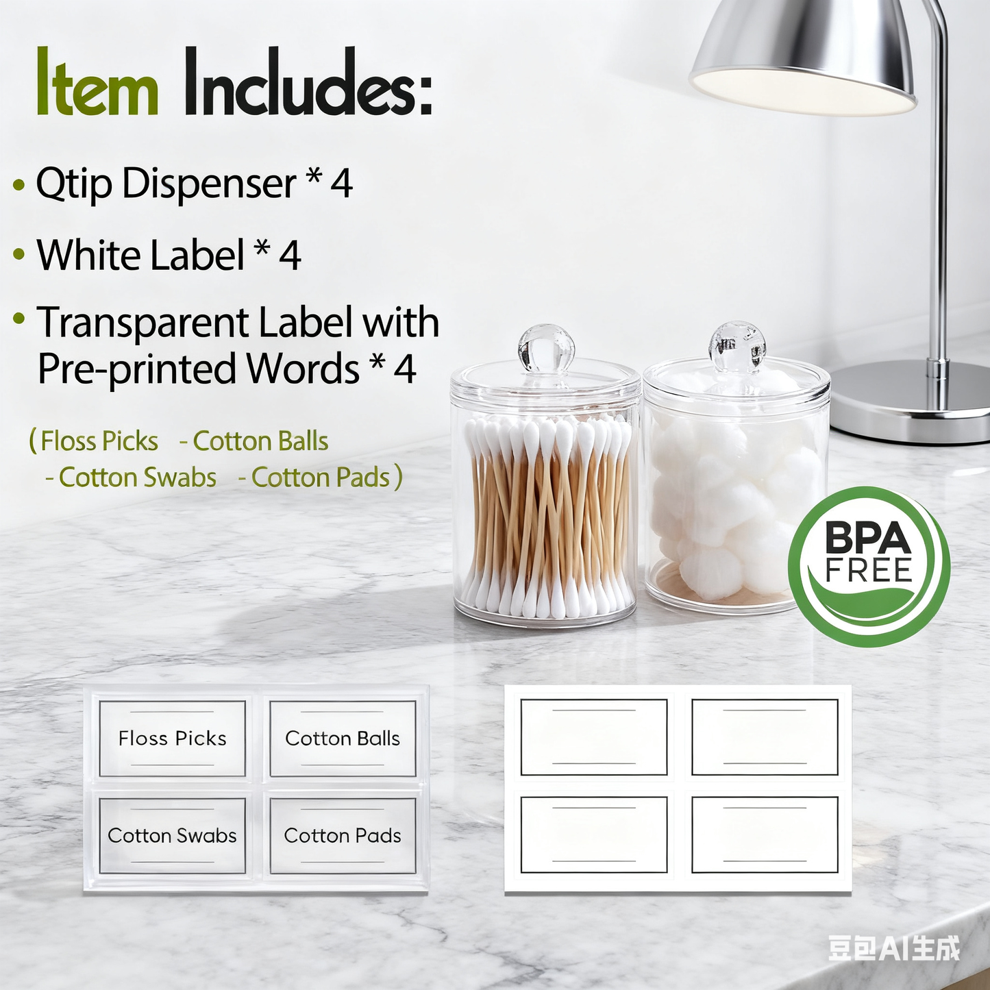 Acrylic Cotton Clear Round & Dispenser with Lid 4 Pack ，Large Transparent Makeup Vanity Organizer for Cotton Swabs, Pads & Floss Picks – Durable Plastic Bathroom Canister