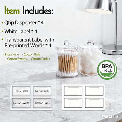 Acrylic Cotton Clear Round & Dispenser with Lid 4 Pack ，Large Transparent Makeup Vanity Organizer for Cotton Swabs, Pads & Floss Picks – Durable Plastic Bathroom Canister