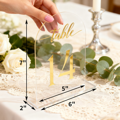 Acrylic Table number plate for Wedding Reception Clear Arch，10 Pack 5" x 7" Gold Font Centerpiece Set with Holder Stands & Head Table Sign - Anniversary, Event, Party, Wedding set 1-10 number