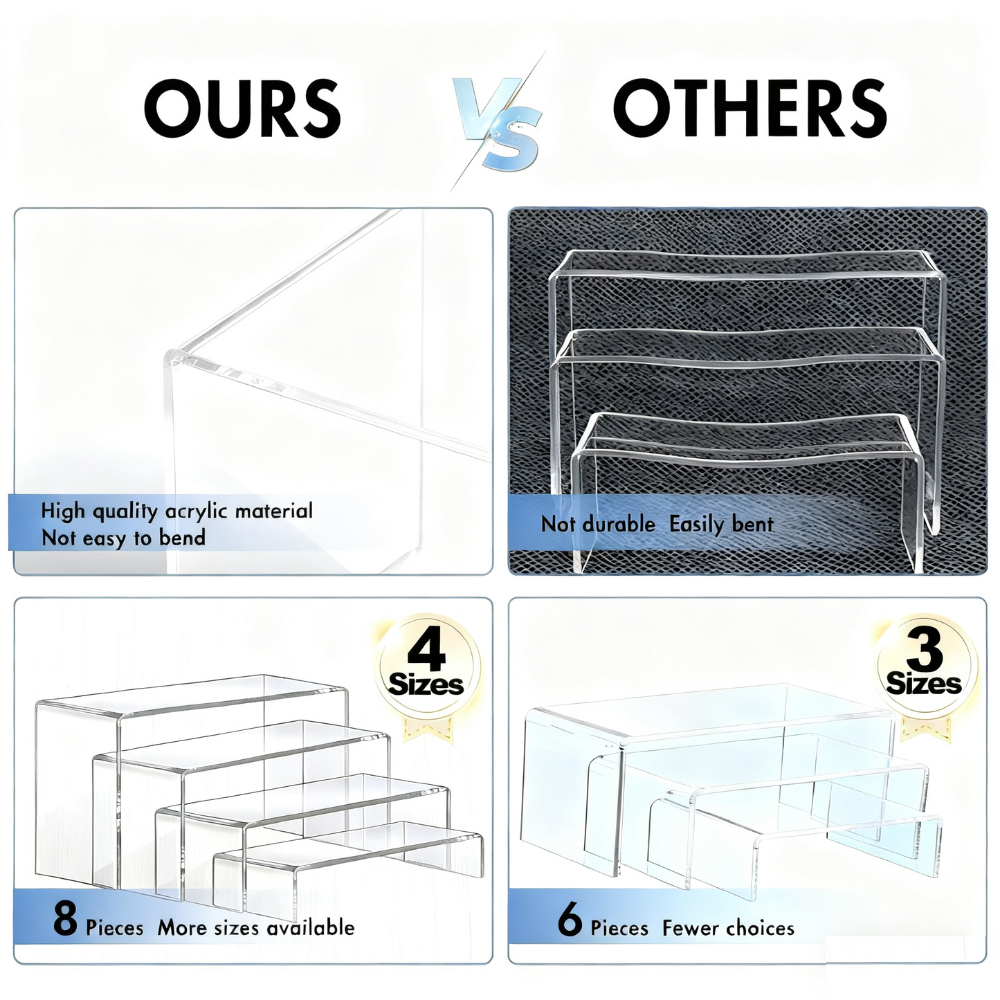 Acrylic Display Risers Set 8 Pcs 2 Set(7”L~8”L~9”L) Acrylic Display Set Rectangular Stands Shelf Clear Display Risers for Decor, Cake Shelves Retail Shoe Showcase，Perfume & Collectibles，Home Decoration