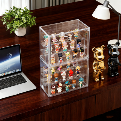 Acrylic Display Case for Collectibles 3 Layer 2Pcs Adjustable Figure Display Case with Magnetic Door Clear Stackable Display Box for Figures Showcase，Ideal for Blind Box Figures & Model Collectibles