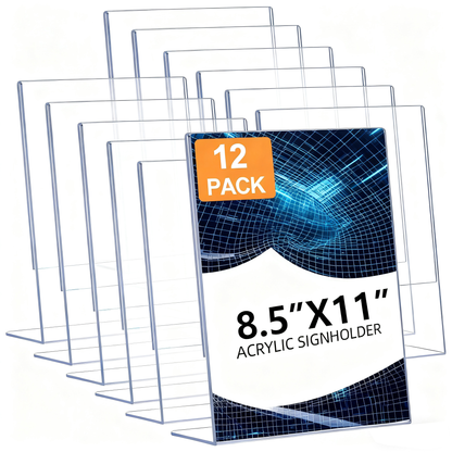 Acrylic Sign Holder Clear 8.5 x 11,12 Pack Plastic Display Stands for Tabletop, Desktop L-Shape Acrylic Stands for Flyers, Documents, Office, Restaurants Menus, Stores Flyers