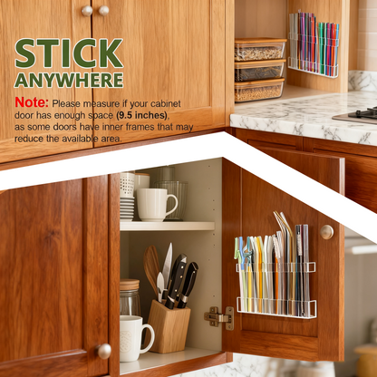 Acrylic Straw Holder for Countertop 9.5”，Clear Kitchen Organizer for Straws、Chopsticks、cutlery，Durable Plastic Dispenser for Home or Office，Small Kitchen Accessories Container, Ultra Sticky Cupboard Door Mounted