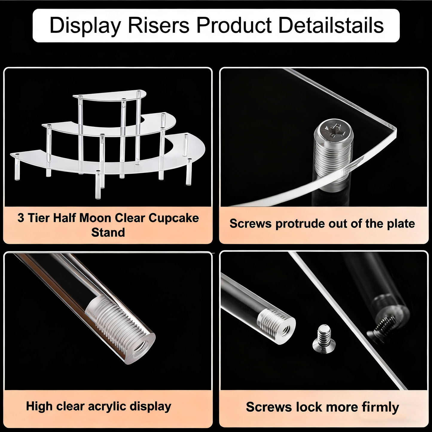 Acrylic Display Risers 3 Tier 2 PACK Clear Cupcake Stand Risers, Perfume Stand Organizer, Half Moon Dessert Stand, HENABLE Shelf Risers for Display Stands for Food, Amiibo Funko POP Figure，Collectibles