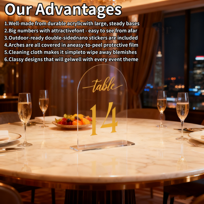 Acrylic Table number plate for Wedding Reception Clear Arch，10 Pack 5" x 7" Gold Font Centerpiece Set with Holder Stands & Head Table Sign - Anniversary, Event, Party, Wedding set 1-10 number