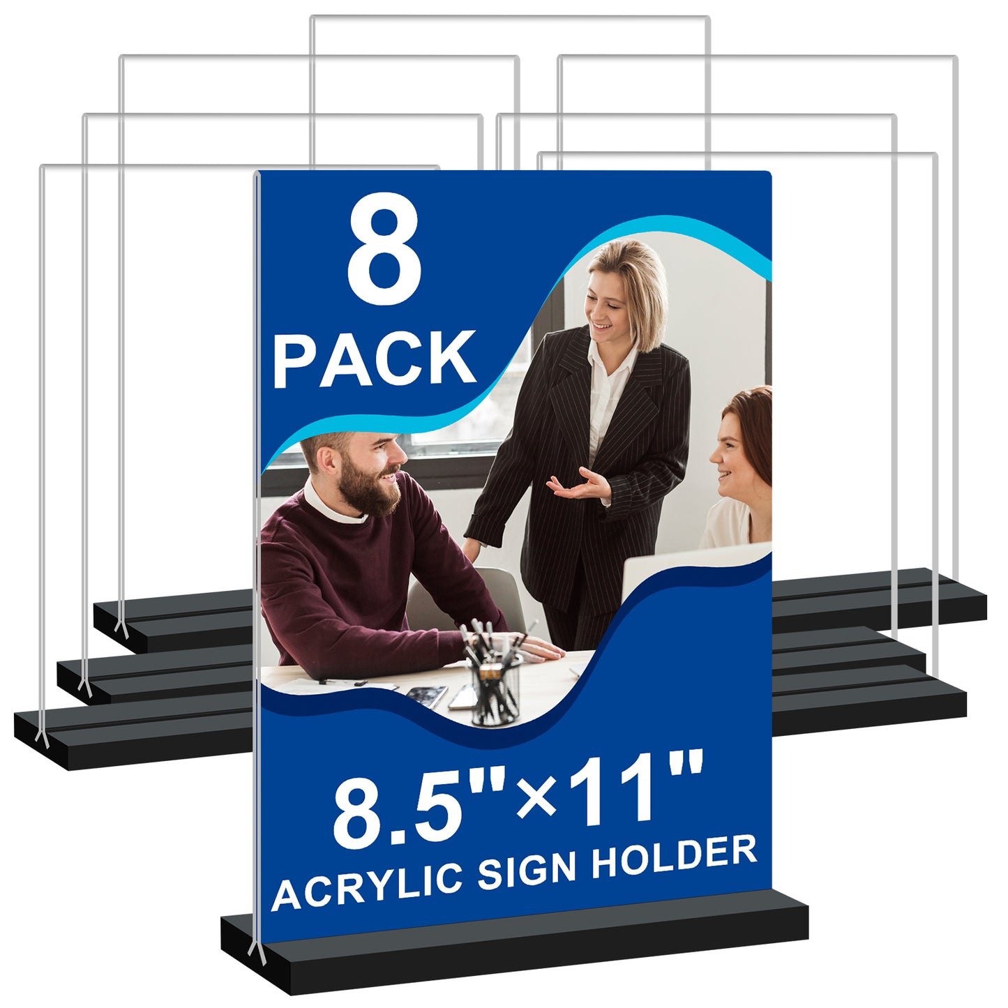 8.5 x 11 Acrylic Sign Holder Vertical Double-Sided Tabletop Sign Holder with Black Base, Plastic Picture Frame Paper Holder, Clear Menu Display Stand for Office Restaurant Store Home 8 Pack