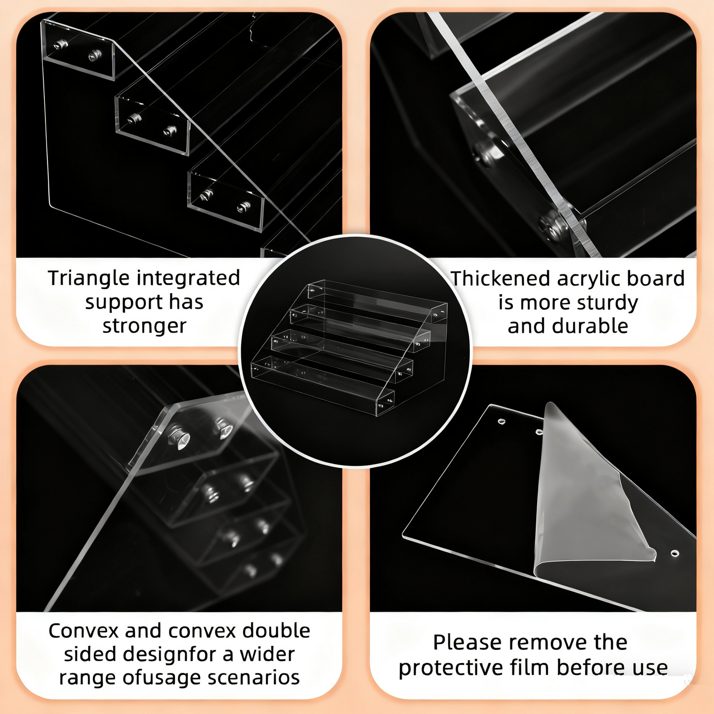 12" Acrylic Riser Display Stands - 4 Tier Clear Acrylic Display Shelf, Double Sided Usable, Makeup, Collectibles, Cupcakes & Dessert Table Decoration Acrylic Shelves for Funko Pop Figures , Cupcake, Candy Food