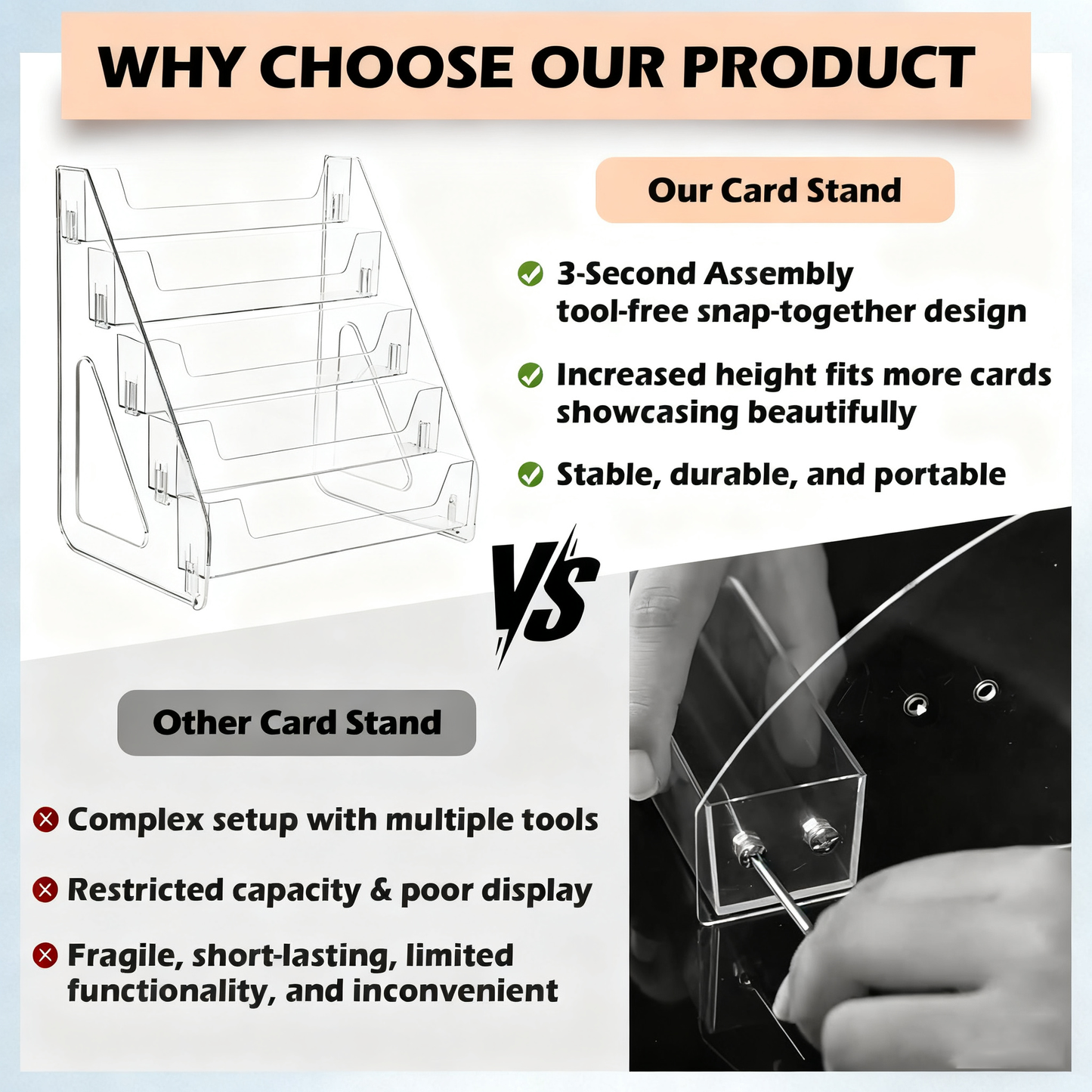 Acrylic Card Display Stand 5 Tier, Clear Display for Greeting Cards, Sports Cards, Postcards, Stickers & Brochures, Easy Snap-On, Increased Height & Thickness for Better，Thick Stable Design with Quick Snap-On Assembly for Stores & Exhibitions