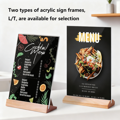Acrylic Sign Holder 3 Pack 5”x7”，Slant Back Design L Shape/Vertical，Clear Acrylic Holder Wooden base, Slanted Back Menu Holder for Restaurant, Office, Wedding, or Retail Counter