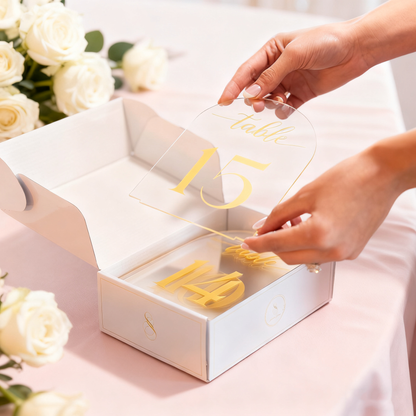 Acrylic Table number plate for Wedding Reception Clear Arch，10 Pack 5" x 7" Gold Font Centerpiece Set with Holder Stands & Head Table Sign - Anniversary, Event, Party, Wedding set 1-10 number