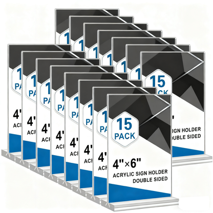 Acrylic Sign Holder 4x6”, 15 Pack Clear Double Sided Vertical Display Stand for Tabletop， for Menu, Flyers, Photos, Perfect for Restaurants, Retail Stores, Office Desks, Exhibitions