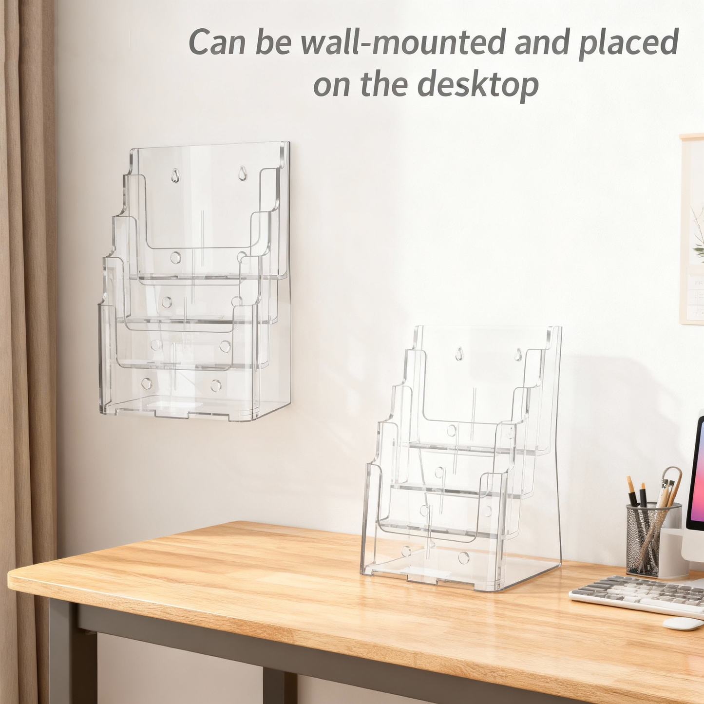 Acrylic Brochure Holder 8.5x11 inch, 1 Pack 4 Tier Clear Literature Organizer Stand with Removable Divider, Wall Mount or Countertop Display for 4 x 9 inch Magazines, Flyers, Pamphlets